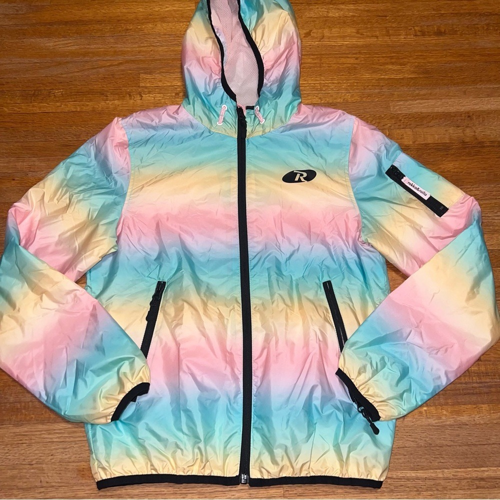 Rokka & Rolla Youth XL Rainbow Sherbet Lightweight Hooded Windbreaker‎ Jacket
